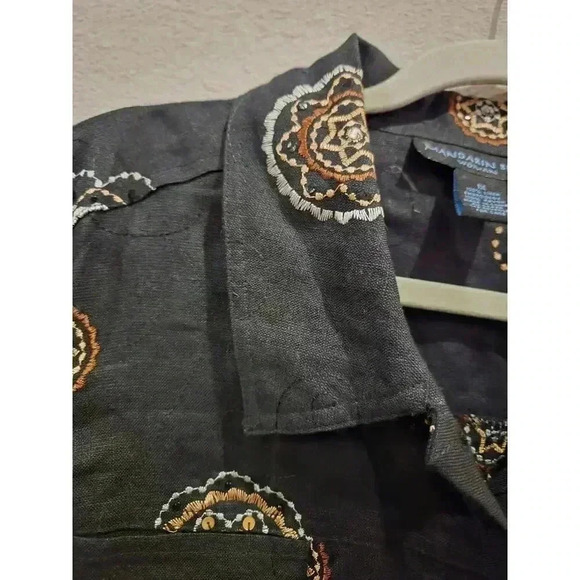 Mandarin Blue Women's Embroidered Black Linen Jacket 1X Button-Up Boho Artsy - Picture 5 of 11